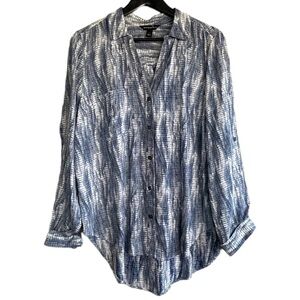 Rock & Republic High Low Button Down Shirt Blouse Blue White Size M